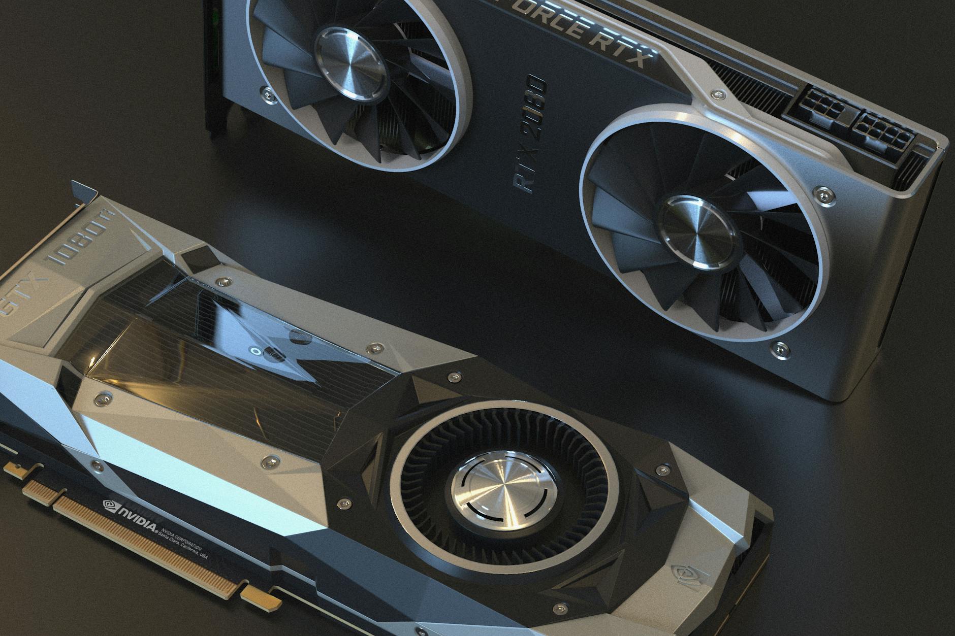 Karty graficzne NVIDIA GTX 1080 i RTX 2080 widziane z góry