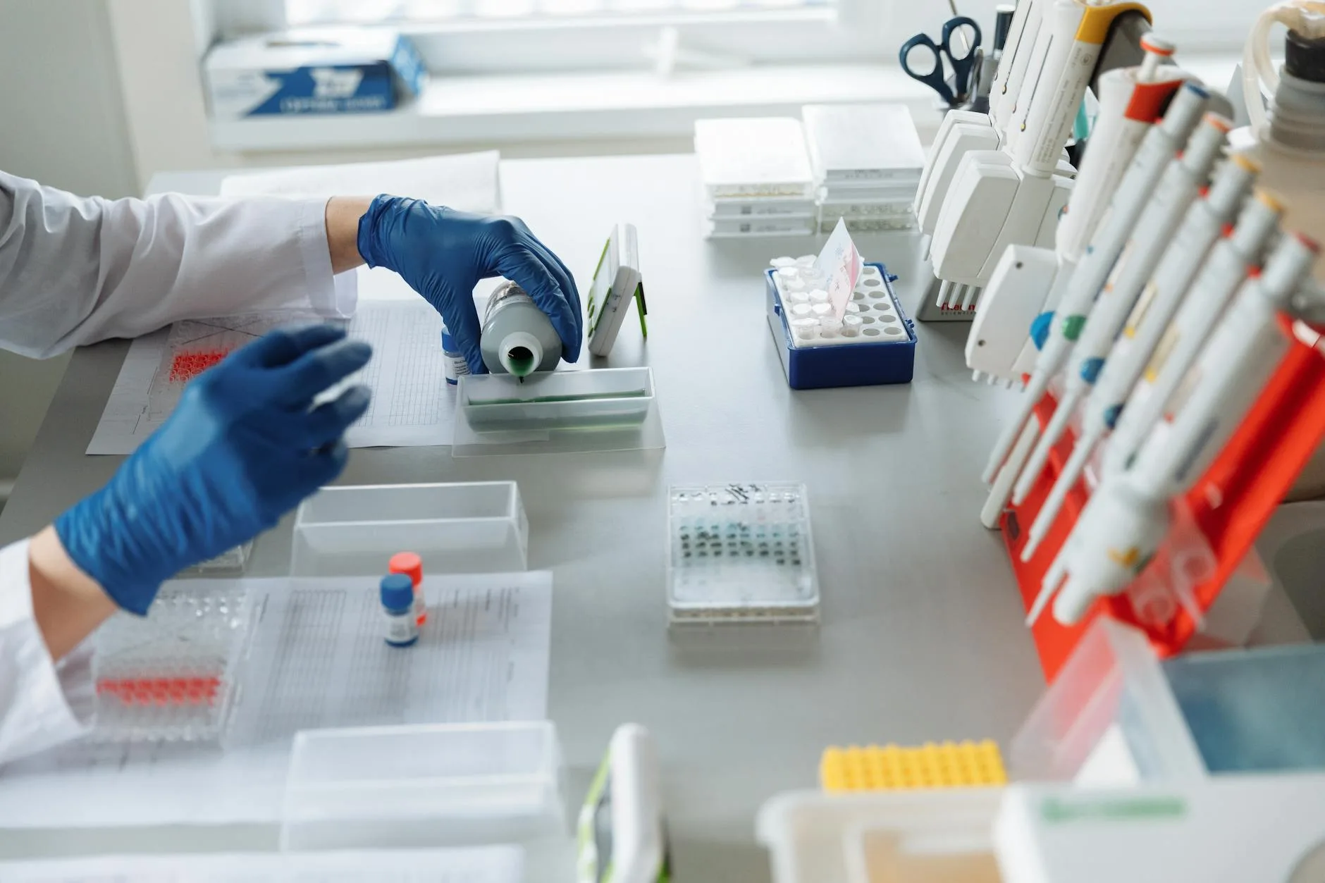 Naukowiec w niebieskich rękawiczkach pracuje z próbkami w laboratorium
